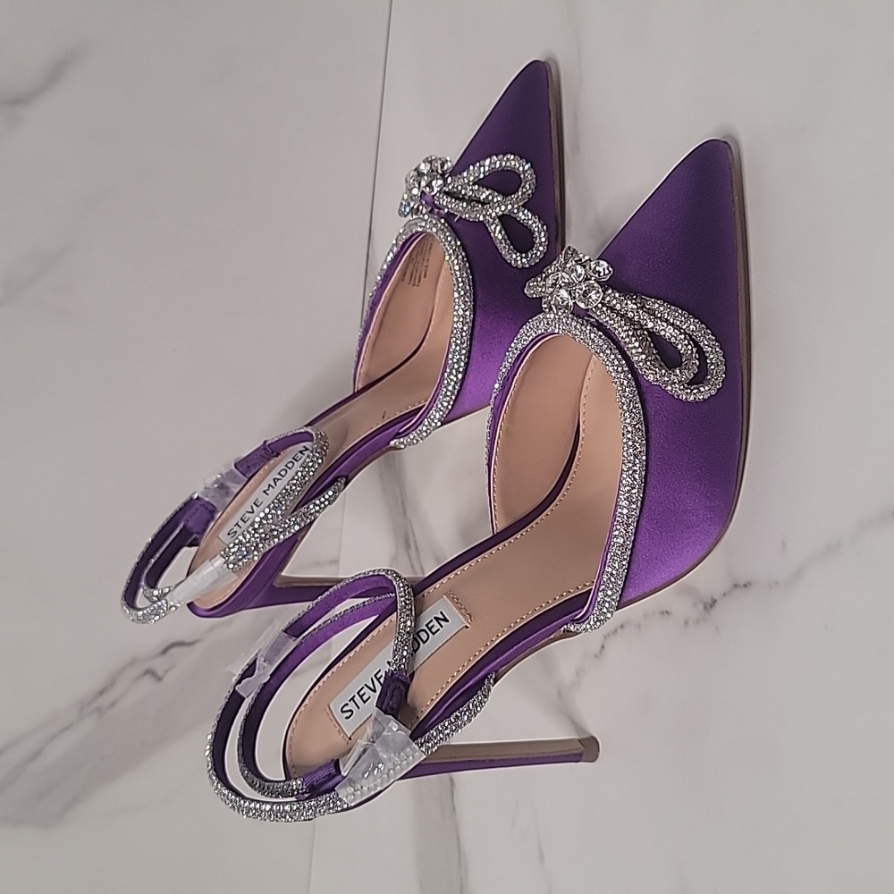 Steve Madden Purple Satin Rhinestone Bow Slingback Heels